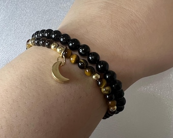 Tiger's Eye Beaded Bracelet – Gold Crescent Moon Charm, Mystical Jewelry