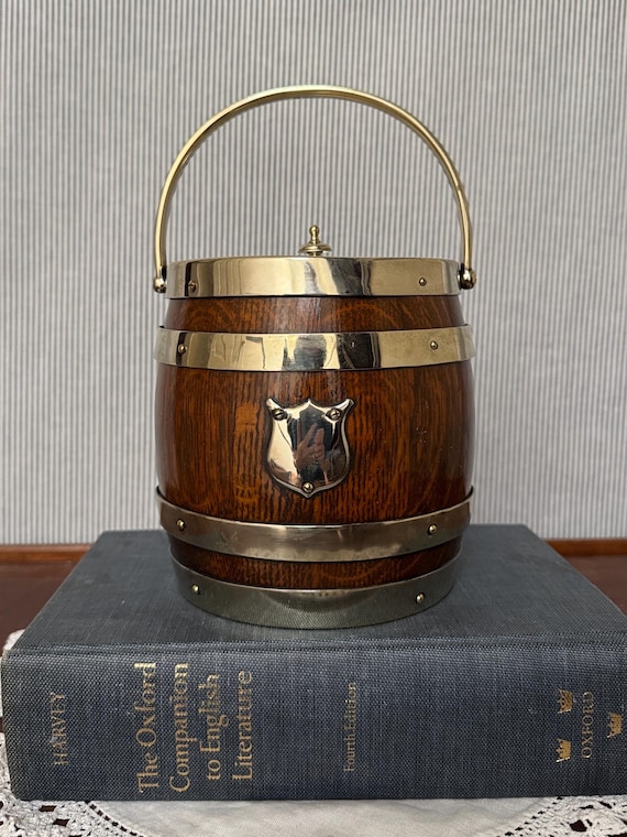English Oak & Silver Plate Biscuit Barrel – Antique Serving Jar