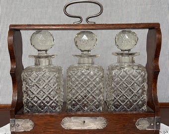 Antique English Tantalus – Triple Crystal Decanter with Oak Frame – Vintage Barware