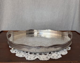 Barker Ellis Silver Plate Gallery Tray | Vintage Footed Serving Tray Made in England