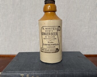 Antique R. White's Ginger Beer Stoneware Bottle, Camberwell London Collectible (7" Tall)