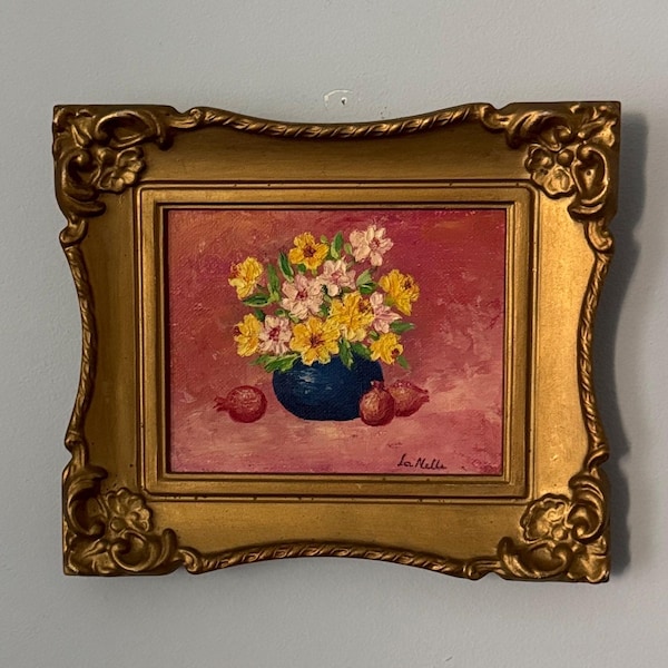 Vintage Floral Still Life Painting – Signed, Yellow & Pink Flowers – Wall Art