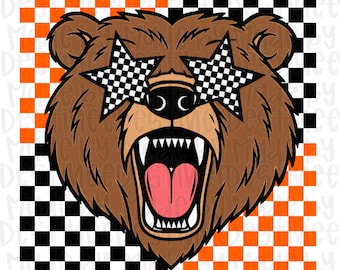 Grunge Checkered Bear Mascot PNG – Star Shades Sublimation Design for Spirit Wear & Game Day