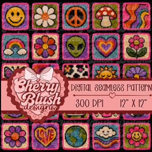 May include: A digital seamless pattern featuring a grid of colorful crochet-style squares with icons including smiley faces, flowers, peace signs, mushrooms, rainbows, hearts, aliens, and the Earth, with text reading Cherry Blush Designs 300 DPI 12" X 12".