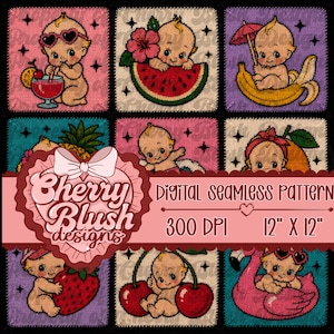 Könnte beinhalten: Ein digitales nahtloses Muster mit neun quadratischen Kacheln, die Babys mit Früchten und Sommerartikeln zeigen. Ein zentrales rosa herzförmiges Banner zeigt den Text Cherry Blush designs, Digital seamless pattern, 300 DPI, 30,48 cm x 30,48 cm.