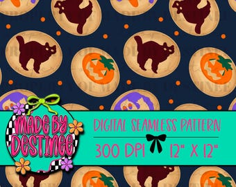 Halloween Cookie Digital Seamless Pattern – Black Cat, Ghost & Pumpkin (PNG)