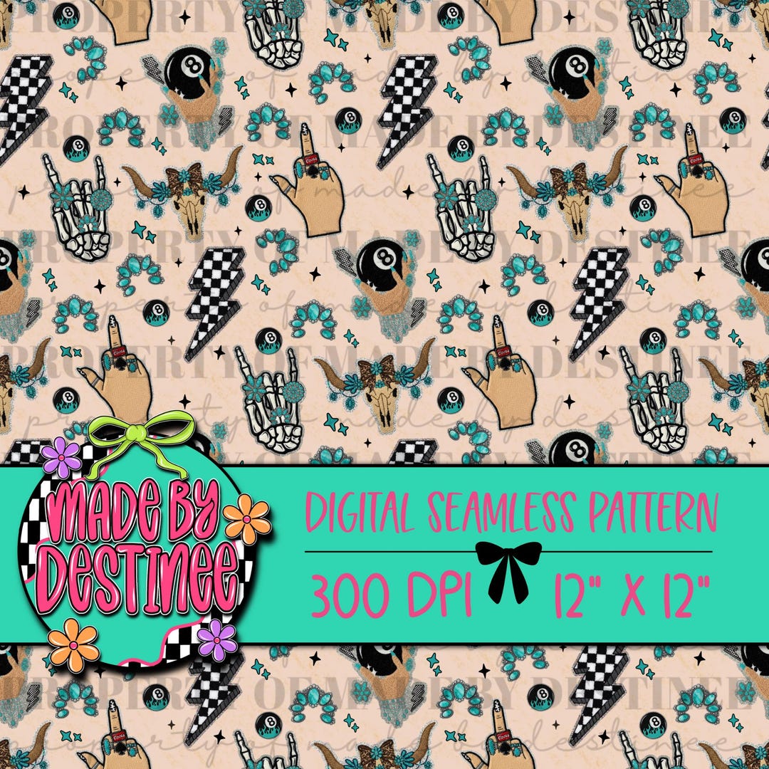 Turquoise Western Rock & Roll Seamless | Cow Skull • Lightning