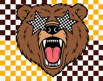 Grunge Checkered Bear Mascot PNG – Star Shades Sublimation Design for Spirit Wear & Game Day