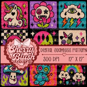 May include: A digital seamless pattern featuring a grid of colorful, textured illustrations including a unicorn, a flower with a face, a stormy cloud, a mushroom with an eye, a voodoo doll, and rainbows, with text reading Cherry Blush Designs.