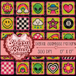 May include: A digital seamless pattern featuring a grid of square crochet-style motifs with icons including smiley faces, rainbows, aliens, UFOs, hearts, stars, clouds, and checkered squares. A pink heart-shaped label displays Cherry Blush Designs.