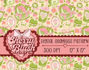 Puede incluir: Patrón digital sin costuras con bebidas de matcha, fresas, macarons y elementos florales en tonos rosa, verde y crema. El diseño incluye el texto "Cherry Blush designs" y mide 30,48 cm x 30,48 cm.