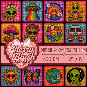 Peut inclure: Un motif numérique sans couture composé d'une grille de douze carrés colorés illustrant des extraterrestres, un OVNI, un signe de paix, un champignon, une fleur, un van, un soleil, un papillon et la Terre. Texte Cherry Blush designs 300 DPI 12" x 12".
