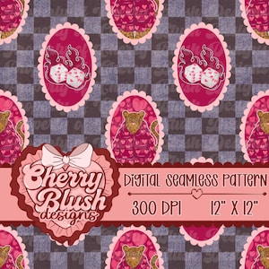Op de afbeelding: Digitaal naadloos patroon met herhalende ovale ontwerpen met dobbelstenen en luipaardillustraties op een geruite achtergrond. Het ontwerp bevat de tekst "Cherry Blush designs" en "Digital seamless pattern". Het patroon is 30,48 cm x 30,48 cm.