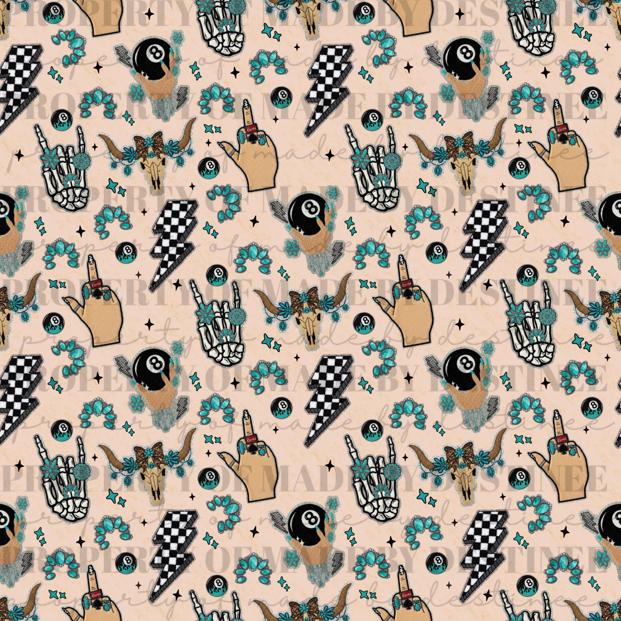 Turquoise Western Rock & Roll Seamless | Cow Skull • Lightning
