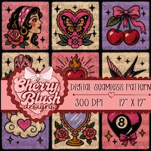 Retro Cowgirl Tattoo Seamless Background | Cherry Heart Butterfly Western Digital Paper | Vintage Girly Pattern