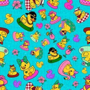May include: A repeating pattern featuring cartoon ducks wearing sunglasses, hats, and accessories, floating on inflatable rings and flamingo floats. The ducks are yellow with various outfits, surrounded by pink flowers and cocktails on a turquoise background.