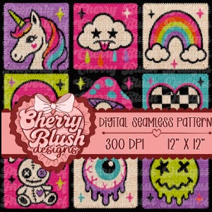 Kawaii Retro Spooky Seamless Background | Alien Rainbow Mushroom Digital Paper | Halloween Pattern