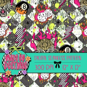 May include: Digital seamless pattern featuring a leopard, dice, lightning bolts, and an 8-ball on a checkered background. The design includes text that reads "MADE BY DESTINEE" and "DIGITAL SEAMLESS PATTERN 300 DPI 12" X 12".
