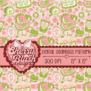 May include: A digital seamless pattern with a pink background featuring matcha drinks, strawberries, macarons, and floral elements. The design includes the text "Cherry Blush designs" and "Digital seamless pattern 12" x 12" 300 DPI".