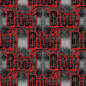 Puede incluir: Patrón repetitivo con la palabra "Bitch" en una fuente audaz. La palabra es negra con puntos blancos, delineada en rojo, sobre un fondo gris y negro texturizado.