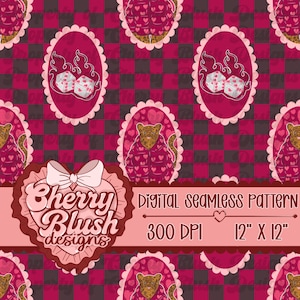 May include: Digital seamless pattern with a repeating design. The pattern features dice with flames, leopard illustrations, and heart shapes on a checkered background. The design includes the text "Cherry Blush designs" and "Digital seamless pattern 12" x 12".