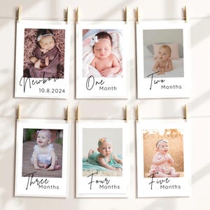 Banner fotográfico para el primer cumpleaños Banner fotográfico para el primer cumpleaños Tarjetas fotográficas de género neutro Tarjetas fotográficas minimalistas modernas con hitos mensuales Banner boho