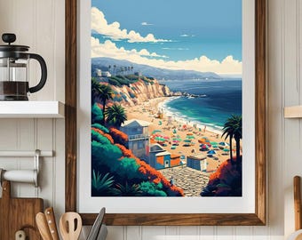 May include: A framed illustration of a California beach scene with a blue sky, white clouds, and a sandy beach with people and umbrellas. The text "California Coast" is at the top of the image.