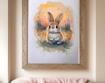 May include: A watercolor painting of a brown rabbit sitting in a field with a sunset in the background.