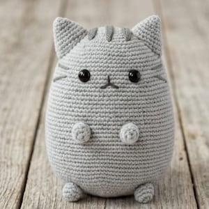 May include: A small, round, light gray crocheted cat plush toy. The figure features dark, glossy black bead eyes, a simple embroidered mouth, and three small gray stripes on the top of its head. It has two tiny front paws and two small feet.