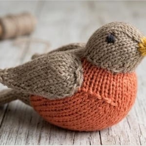 May include: A knitted bird figurine with a brown head and wings, a vibrant orange breast, and a yellow beak. The bird is made of yarn and has a detailed, textured appearance. The craft project is a charming decorative item.