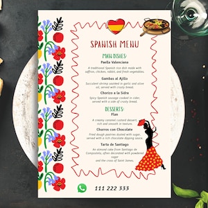 May include: A Spanish menu with a red and white border, featuring dishes like Paella Valenciana and Churros con Chocolate. The menu includes a heart with the Spanish flag and a silhouette of a woman in a flamenco dress. The phone number is 111 222 333.