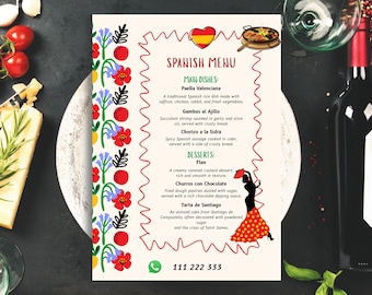 Editable Spanish Cuisine Menu Template | Red and Yellow Illustrated Restaurant Menu | Paella & Tapas Food Menu PDF | Digital Download