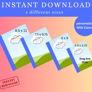 May include: An image showcasing four composition notebooks of varying sizes: 8.5 x 11 inches, 7.5 x 9.75 inches, 6 x 9 inches, and 4.5 x 3.25 inches. Each notebook features a blue spine, a sky and cloud design, and the words "Composition Book". The image includes the text "Instant Download".