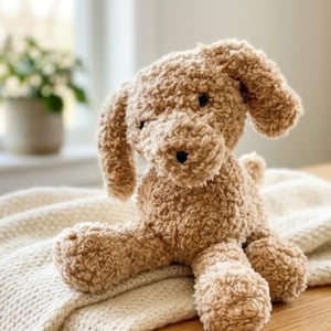 May include: A plush, light brown dog toy with floppy ears and black button eyes. The stuffed animal is sitting on a cream-colored blanket. The dog has a soft, textured appearance.
