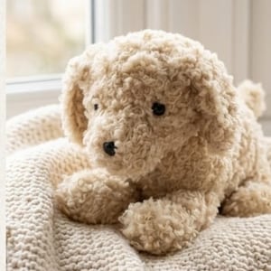 May include: A beige, plush dog toy with curly fur, black eyes, and a black nose. The stuffed animal rests on a cream-coloured knitted blanket, near a window. The toy dog has floppy ears and a small tail.