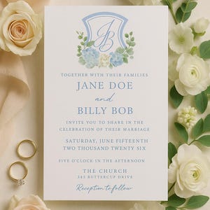 Customizable Wedding Invitation & Crest Template- Printable Wedding Invitation- Blue and White, Greenery, Ribbons, Floral, Hydrangea, DIY