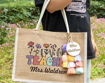 Personalized Teacher Tote Bag: Burlap Linen with Cotton Handles & Charm