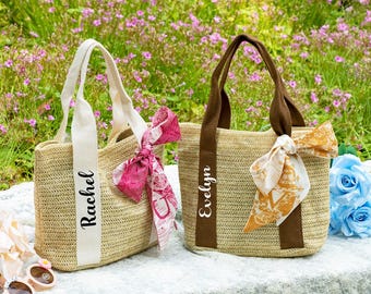 Custom Straw Tote Bag with Initial Scarf, Bridesmaid Bag, Bridal shower bag, Wedding Gift, Beach Bag Bachelorette, Tote Bag, Birthday Gifts
