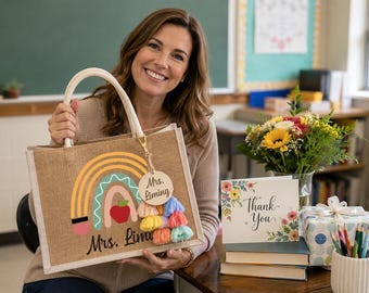 Personalized Teacher Tote Bag, Minimal Teacher Name, Custom Name Burlap Tote, Teacher Gift, School Gift, Name Tote