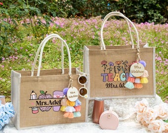 Personalized Teacher Tote Bag: Burlap Linen, Cotton Handles with Charm