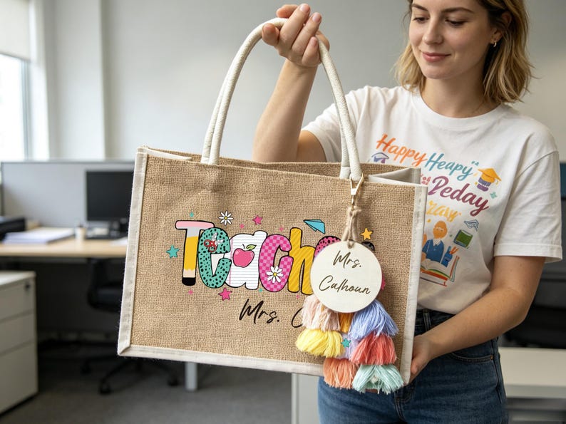 May include: A rectangular tan burlap tote bag with white fabric handles. The front features the word Teacher in colorful patterned letters with an apple and stars. A round wooden tag labeled Mrs. Calhoun hangs with a multi-colored tassel.