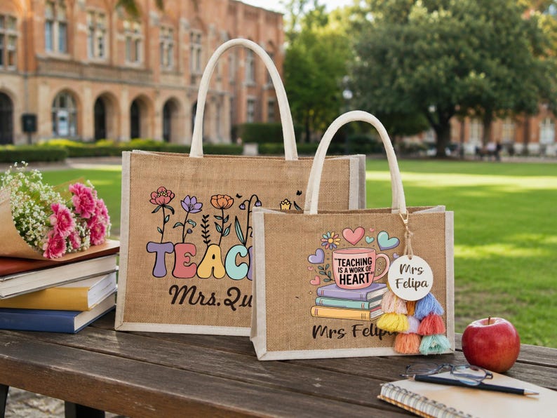 May include: Two rectangular jute tote bags with white handles. The larger bag features colorful floral graphics, the word TEACH, and the name Mrs. Qu. The smaller bag displays a mug with the text TEACHING IS A WORK OF HEART, books, and Mrs. Felipa.
