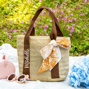 Personalized Straw Bag With Initial Scarf,Small Beach Bag Custom Burlap Tote Bag,Bridesmaid Bags,Bridal Shower Bag,Wedding Favors Gift Bag