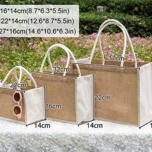 May include: Three rectangular jute tote bags with white fabric trim and handles. Sizes are S: 8.7x6.3x5.5 inches, M: 12.6x8.7x5.5 inches, and L: 14.6x10.6x6.3 inches. The smallest bag features a pair of pink-rimmed sunglasses hanging from one handle.