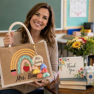May include: A rectangular jute tote bag with white handles, featuring a printed rainbow graphic, a red apple, and the name Mrs. Liming. A round wooden tag with the name Mrs. Liming and a cluster of colorful fabric tassels hang from the handle.