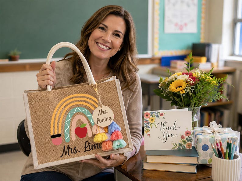 May include: A rectangular jute tote bag with white handles, featuring a printed rainbow graphic, a red apple, and the name Mrs. Liming. A round wooden tag with the name Mrs. Liming and a cluster of colorful fabric tassels hang from the handle.