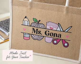 Personalized Teacher Tote Bag: Burlap Linen with Cotton Handles & Charm