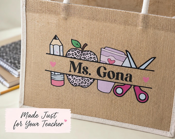 Personalized Teacher Tote Bag: Burlap Linen with Cotton Handles & Charm