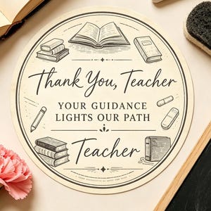 May include: A circular cream-colored sign featuring black line art illustrations of books, a pencil, and an eraser. The text reads: Thank You, Teacher, YOUR GUIDANCE LIGHTS OUR PATH, and Teacher. The design is framed by a thin circular border.