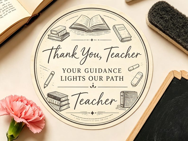 May include: A circular cream-colored sign featuring black line art illustrations of books, a pencil, and an eraser. The text reads: Thank You, Teacher, YOUR GUIDANCE LIGHTS OUR PATH, and Teacher. The design is framed by a thin circular border.